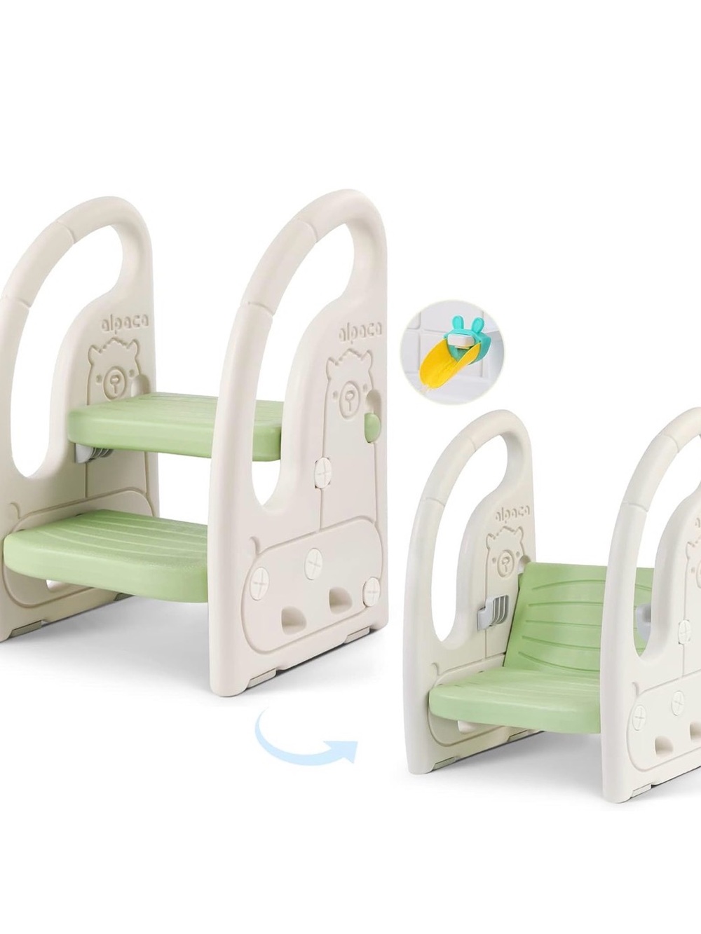Onasti Kids 2-Step Adjustable Non-Slip Stool w/ Safety Handrails, Beige/Green